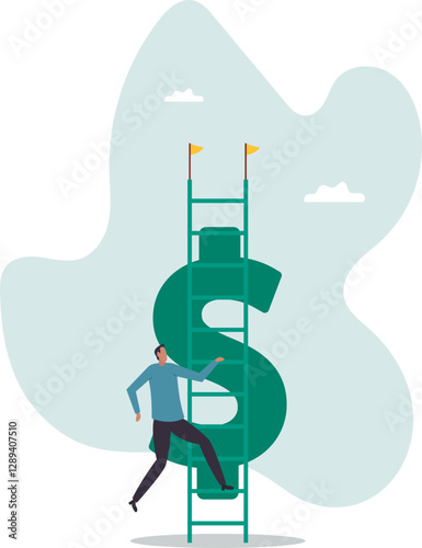 Money ladder to achieve financial independent goal, challenge to reach investment target or wealth planning strategy.business concept.flat character.