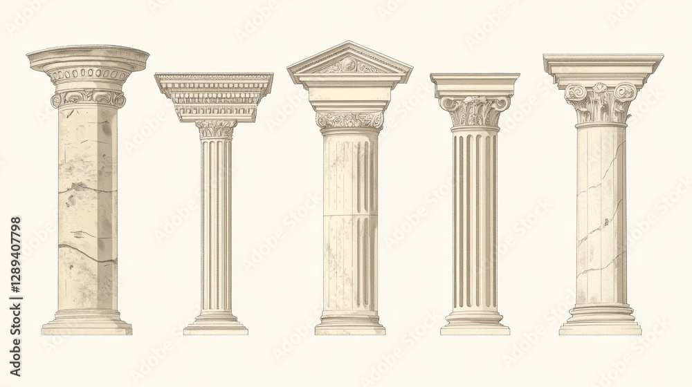 Obraz premium This is a set of illustrations of the five classical architectural orders: Tuscan, Doric, Ionic, Corinthian, and Composite.