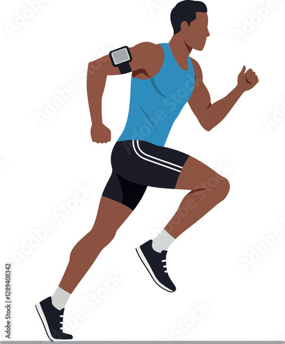 Athletic man in blue tank top and shorts running energetically in a flat design showcasing fitness and determination in vibrant vector art
