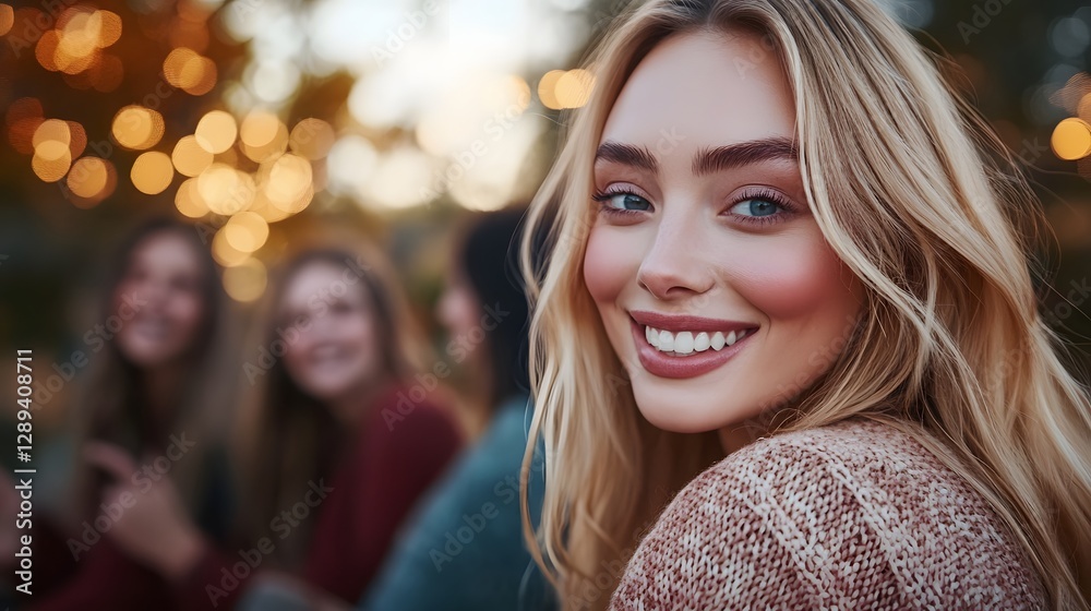Obraz premium Radiant Blonde Woman Smiling Amid Chatting Friends in Natural Outdoor Lighting