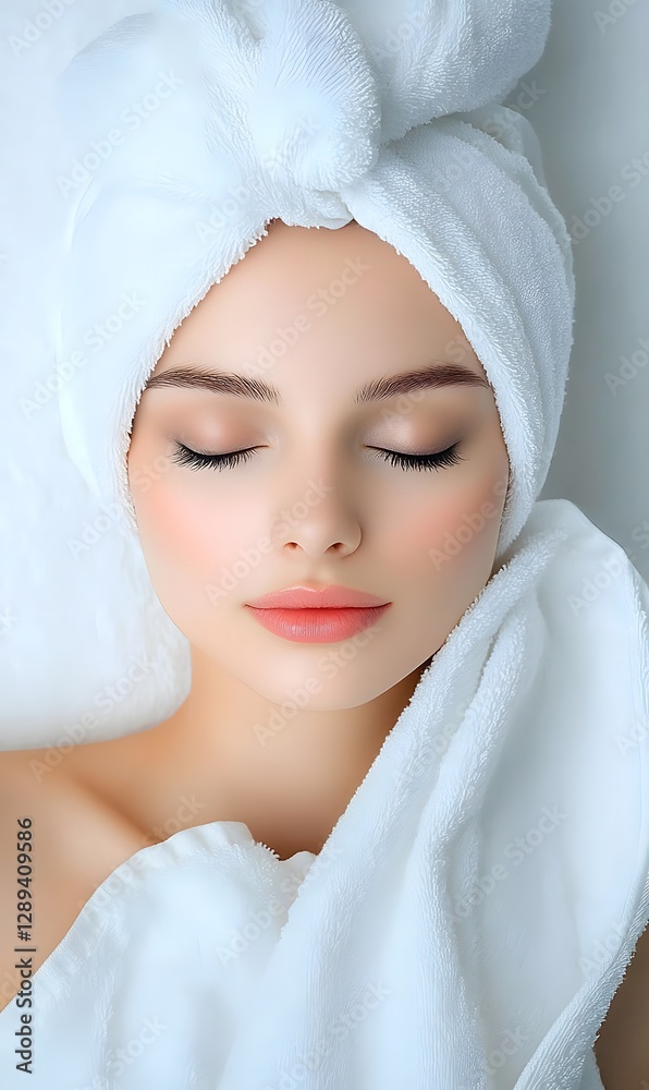 Obraz premium Serene Woman Resting in Soft Towel on Pure White Spa Beauty Concept