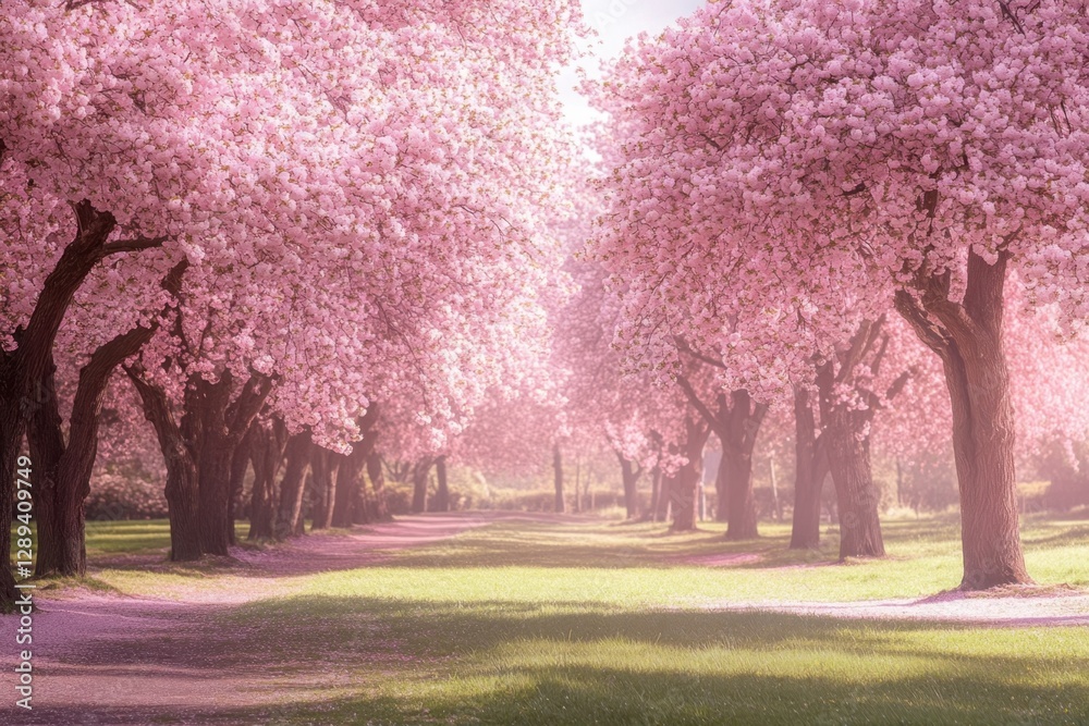 Pink blossoms adorn trees lining a grassy path, creating a tranquil springtime scene. A serene and enchanting natural landscape. Pink blossoms adorn trees lining a grassy path, creating a tranquil springtime scene. A serene and enchanting natural landscape.