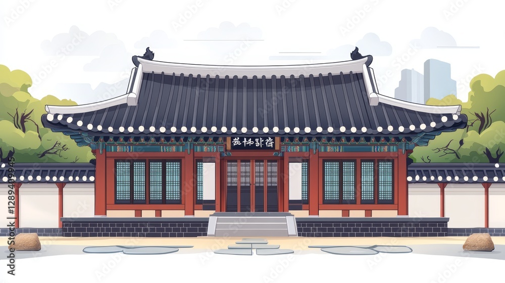 Obraz premium Traditional Korean house, hanok, in flat style. Use this template for card, invitations, poster, or banner for Gyeongbokgung Palace.