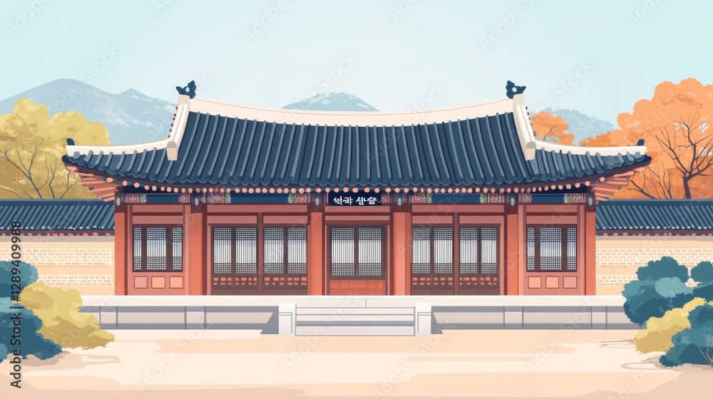 Obraz premium Traditional Korean house, hanok, in flat style. Use this template for card, invitations, poster, or banner for Gyeongbokgung Palace.