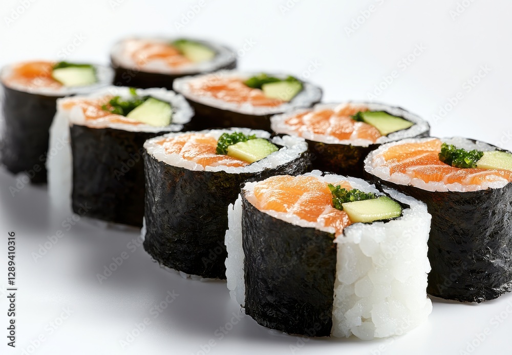 Fresh Sushi Rolls with Salmon and Cucumber on White Background, Perfect for Culinary and Food Photography, Gourmet Cuisine, and Healthy Eating Themes Fresh Sushi Rolls with Salmon and Cucumber on White Background, Perfect for Culinary and Food Photography, Gourmet Cuisine, and Healthy Eating Themes