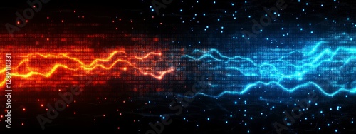Dynamic contrast of electric energy represented through vivid red and blue light patterns over a digital binary backdrop