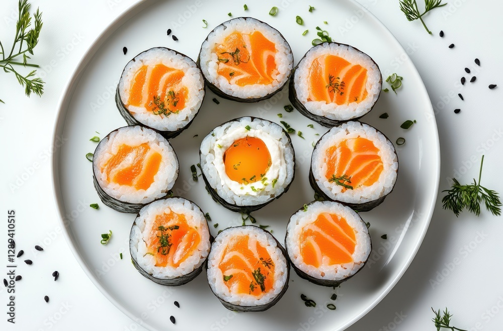 Fresh Sushi Rolls with Salmon and Egg on White Plate Surrounded by Herbs and Seeds for Culinary Delight and Gourmet Presentation Fresh Sushi Rolls with Salmon and Egg on White Plate Surrounded by Herbs and Seeds for Culinary Delight and Gourmet Presentation