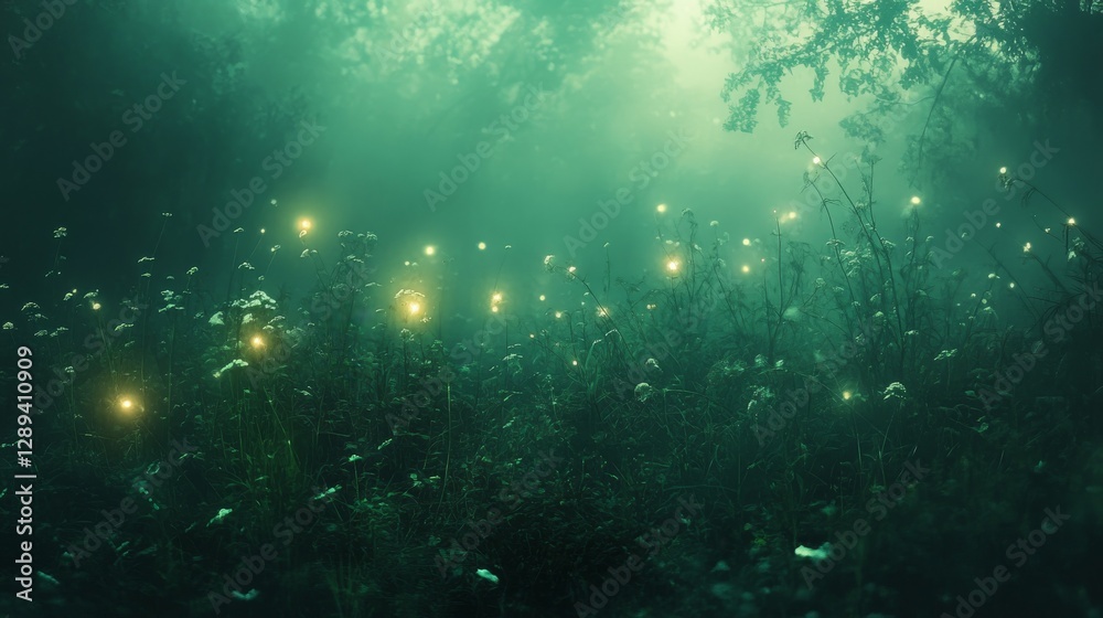 Naklejka premium Illuminated fireflies over a field filled with misty dark green foliage