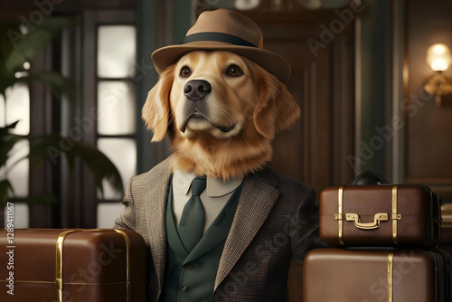 dog with suitcase wearing suit and hat in a hotel
