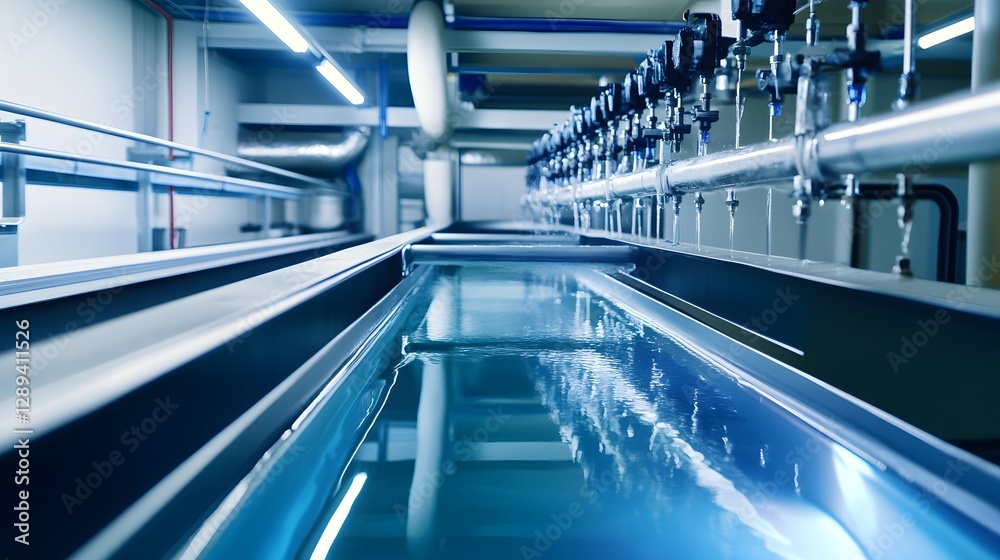 Fototapeta premium Smart AI Driven Water Purification Plant with Futuristic Blue and Purple Pipelines