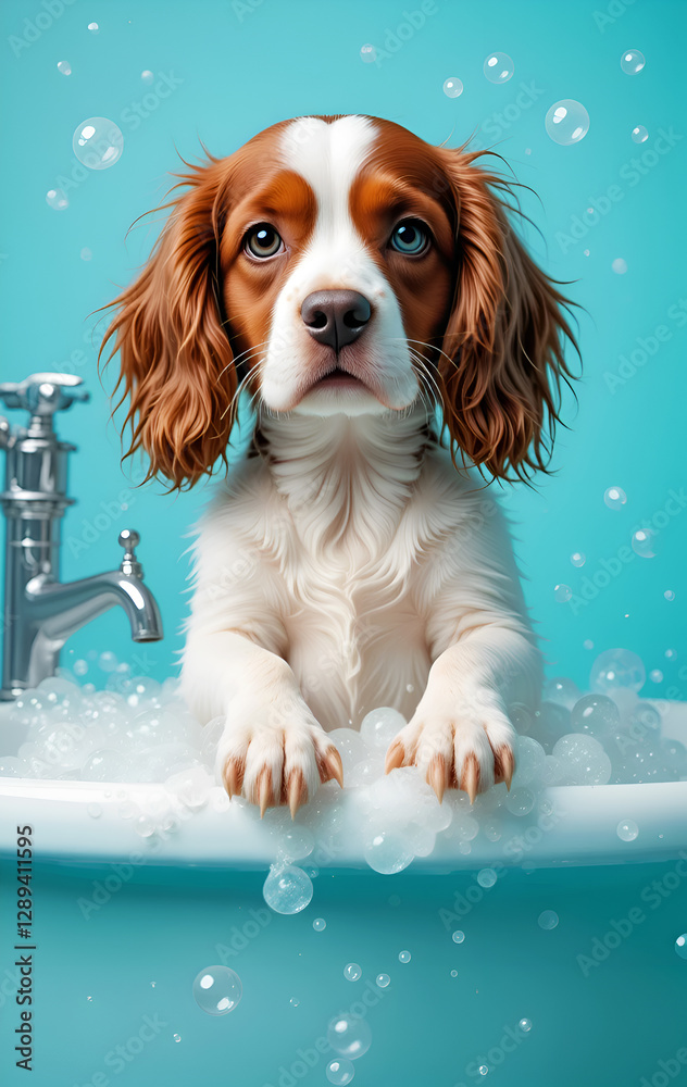 beautiful puppy Spaniel taking bath with bubbles. Blue-azure tones Digital artwork. Ai generated