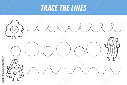 Tracing lines for kids. Cute cartoon food. Funny food characters cheese, fried egg, peace of bacon. Handwriting practice. Educational game for preschool kids. Activity page. Vector