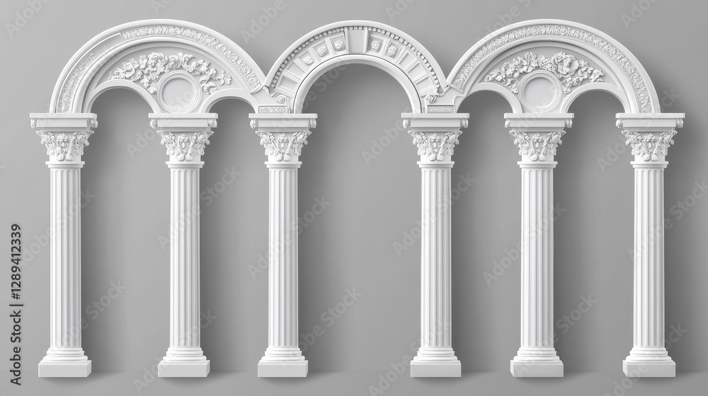 Fototapeta premium White clay ancient Roman arch with ornate designs. Realistic 3D vector illustration set of Greek stone pillars for temple building doors or windows. Classic antique architectural archway.