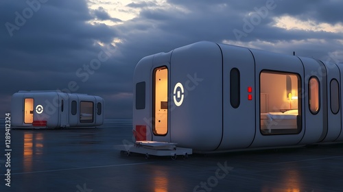Futuristic Mobile Hospital Pods Emerge Amidst Dramatic Sunset Landscape