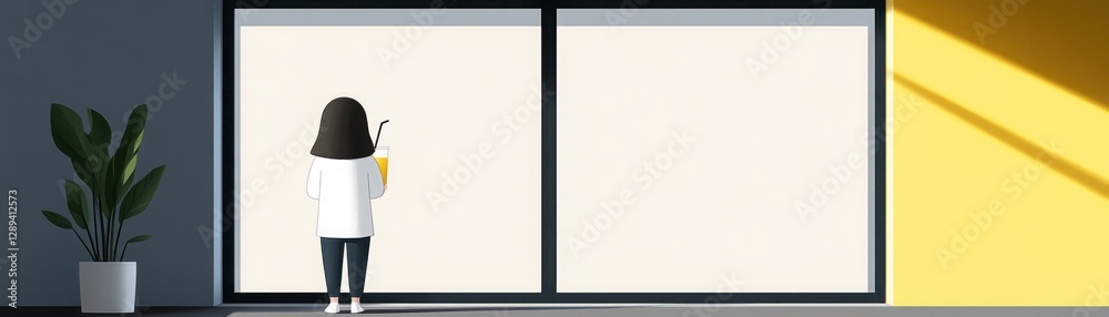 Minimalist illustration of a woman with a drink, gazing out a large window with contemporary design and soft color palette in modern interior space Minimalist illustration of a woman with a drink, gazing out a large window with contemporary design and soft color palette in modern interior space