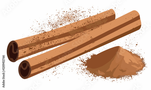 Close-up of cinnamon isolated on white background. Cinnamon sticks and cinnamon powder. Cinnamon spice isolated. Vector illustration.