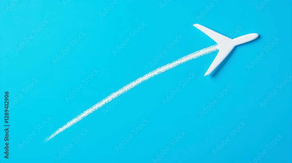Fototapeta premium Minimalist airplane silhouette flying against a bright blue background with a white trail representing flight path.