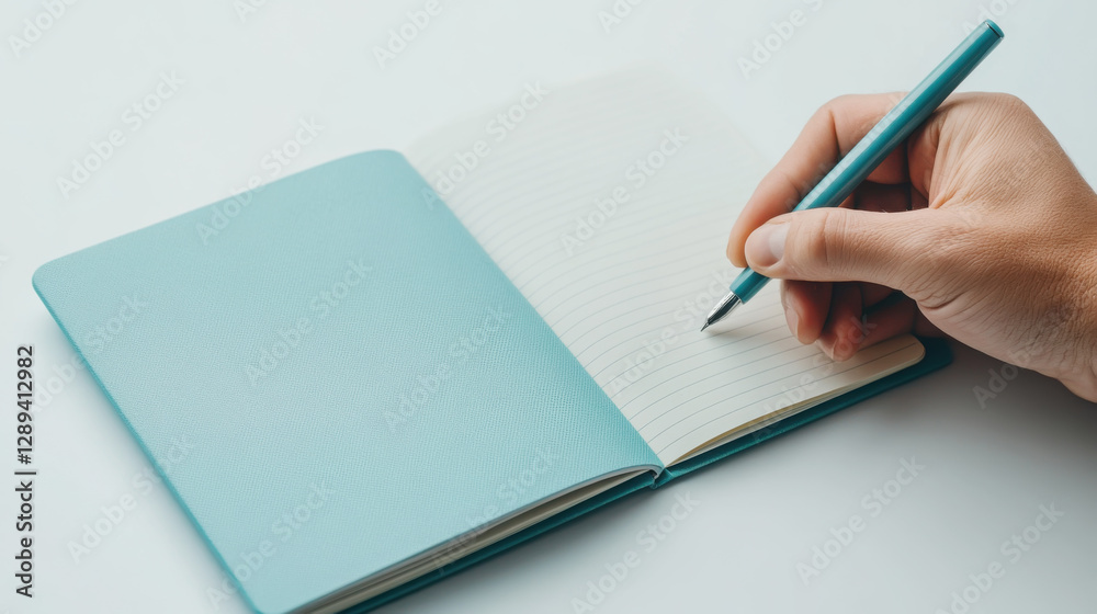 Close up of hand writing in travel diary for planning and memories