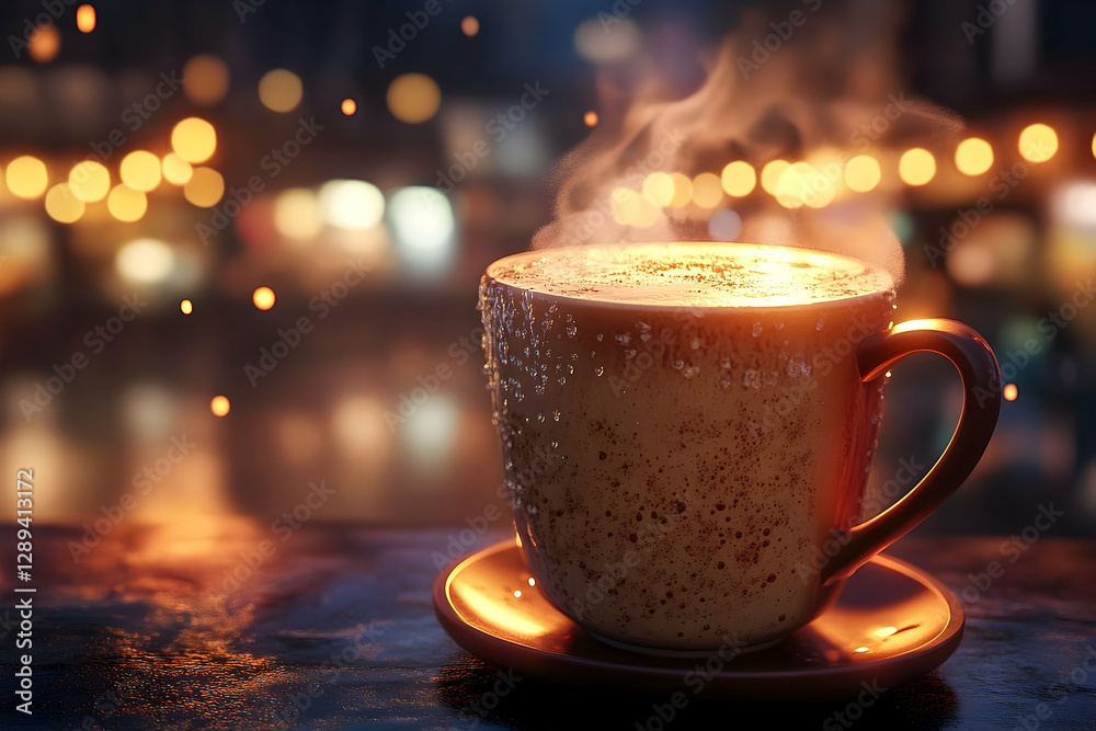 Obraz premium Cozy Coffee Moment, A Cup of Warmth in a Glowing Ambience Display