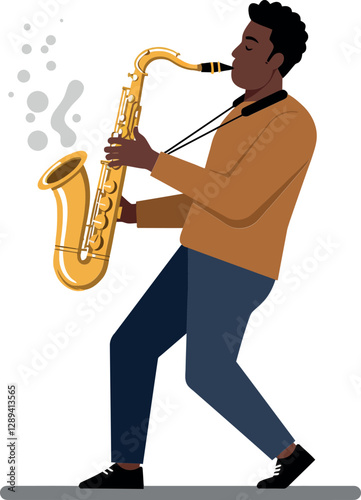 A talented musician passionately playing a golden saxophone in a minimal flat design vector illustration with smooth lines and soft colors evoking a lively jazz atmosphere