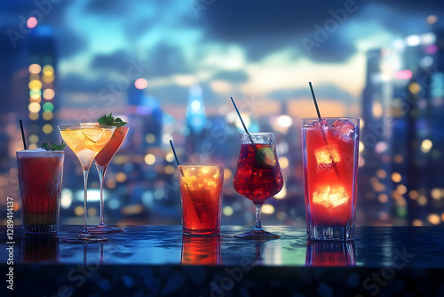 Elegant Cocktails Against Cityscape at Night, Reflections and Brilliance