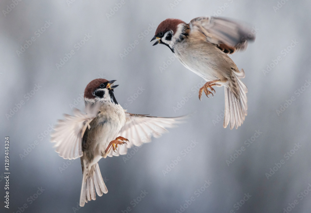 Obraz premium birds sparrows sort things out spreading their wings and flying against the background of a winter garden