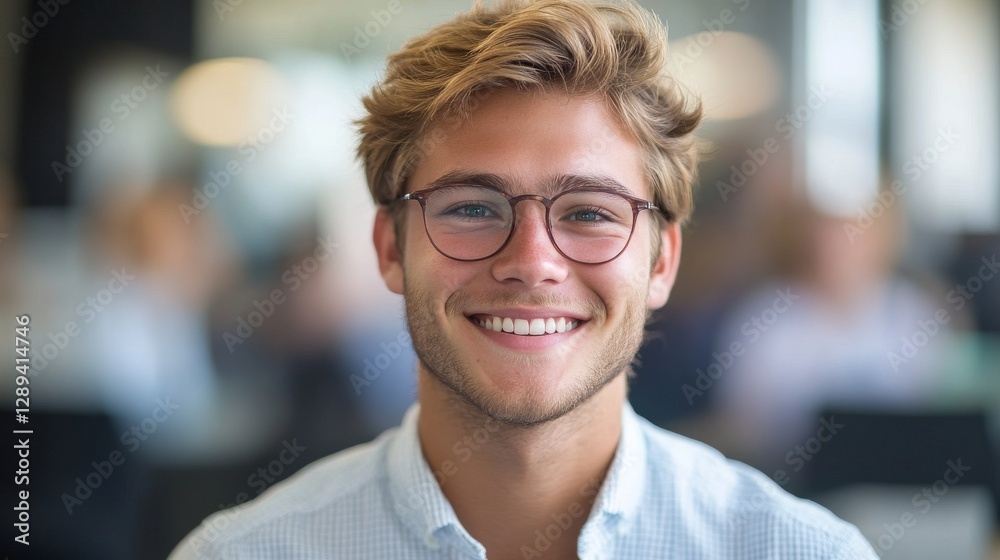 Obraz premium A Smiling Young Man with Glasses Looking Straight Forward