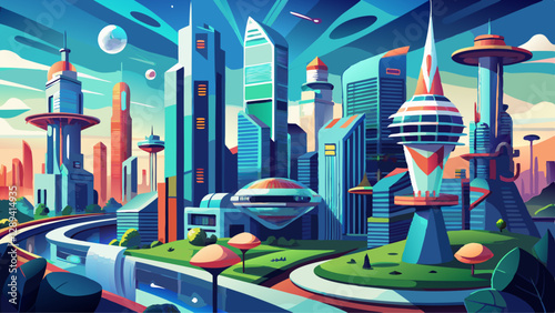 A futuristic cityscape with sleek skyscrapers, flying vehicles, and green spaces.