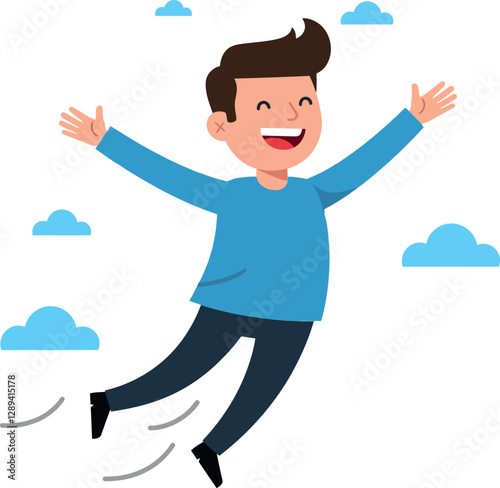 Cheerful boy joyfully jumping in the air surrounded by fluffy clouds in a colorful flat vector illustration