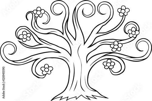 A whimsical tree with abstract floral canopy line art book vector design whimsical tree, abstract flowers, floral canopy, line art tree, botanical illustration, fantasy tree, intricate branches