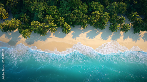 Summer background beautiful beach aqua sea coconut palm trees white sand top view.