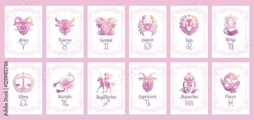 Set of astrology zodiac signs, mystical icons in vintage frames. Pastel design. Esoteric symbols for logo or icons