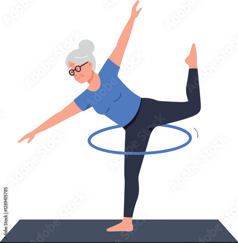 Senior woman gracefully balancing on one leg while hula hooping in a minimal flat design vector art