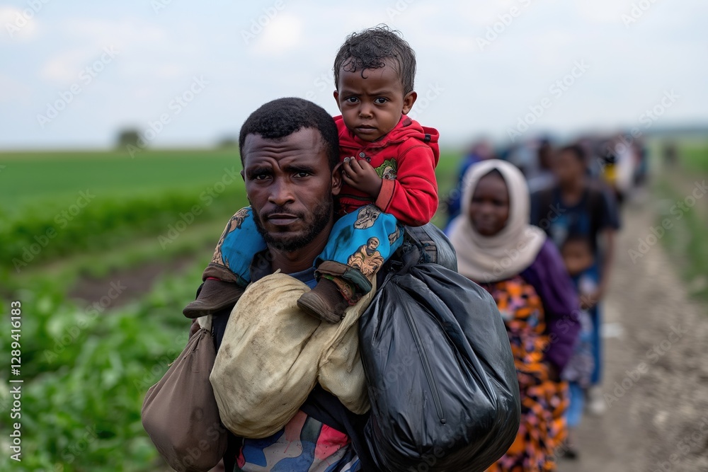 Refugee family walking through a rural landscape carrying belongings and a child on shoulders, highlighting the struggle for survival and hope for a better future, humanitarian concept Refugee family walking through a rural landscape carrying belongings and a child on shoulders, highlighting the struggle for survival and hope for a better future, humanitarian concept