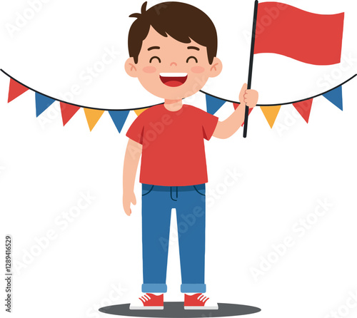 Cheerful boy in red shirt waving flag under colorful bunting, minimal style vector illustration