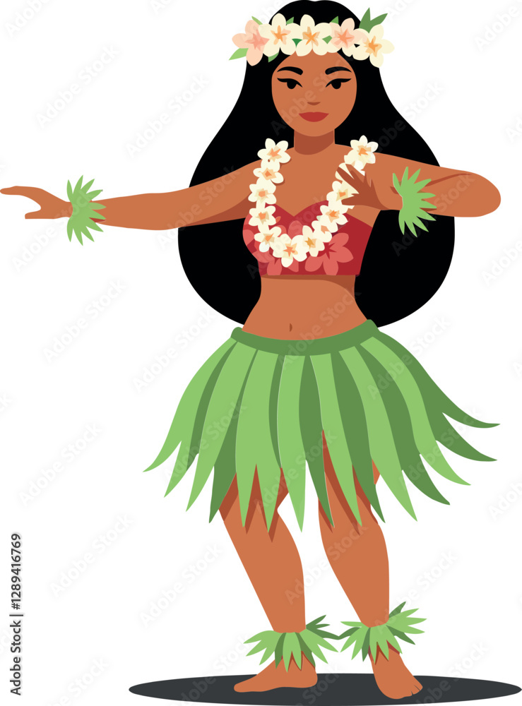 Hula dancer gracefully performing traditional dance in vibrant attire featuring green grass skirt, floral accessories, and flat design style vector illustration Hula dancer gracefully performing traditional dance in vibrant attire featuring green grass skirt, floral accessories, and flat design style vector illustration