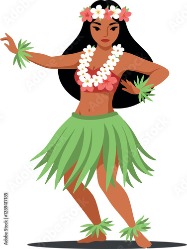 A graceful hula dancer performing in traditional attire with vibrant flowers and greenery, showcasing a joyful spirit in a flat vector illustration