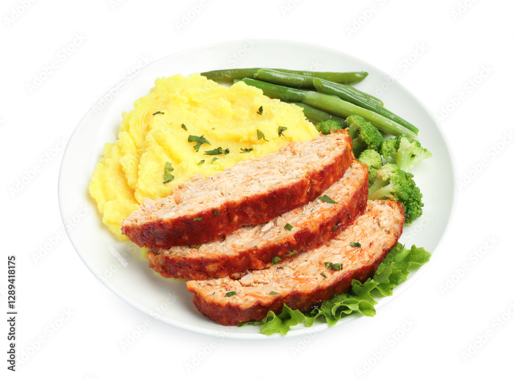 Delicious baked turkey meatloaf, mashed potato and vegetables isolated on white Delicious baked turkey meatloaf, mashed potato and vegetables isolated on white