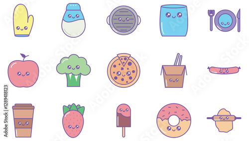 Set of kawaii food vector icons with white background