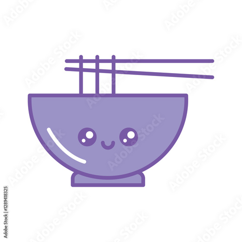 Adorable cartoon vector illustration of a smiling noodle bowl with chopsticks, perfect for Asian food designs and kawaii-themed clipart