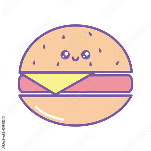 Adorable vector illustration of a kawaii cartoon hamburger with a smiling face, cheese slice, and sesame seed bun outlined in purple