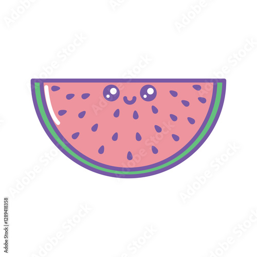 Cute vector illustration of a kawaii watermelon slice with a happy face, pink pulp, purple seeds, and green rind, perfect for summer-themed designs