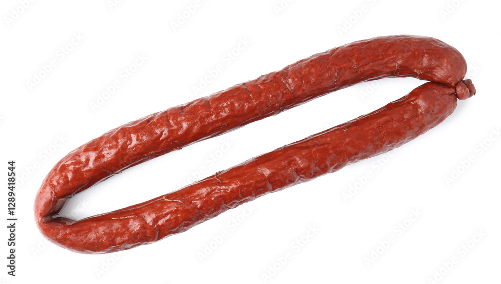 Delicious thin smoked sausage isolated on white, top view Delicious thin smoked sausage isolated on white, top view