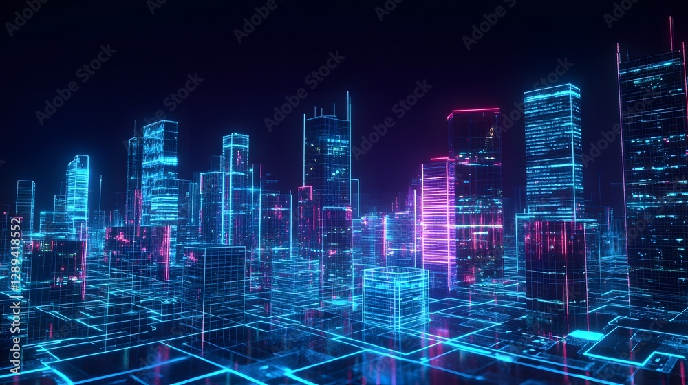 Futuristic Smart City with AI Driven Businesses Illuminated by Neon Lights at Night Futuristic Smart City with AI Driven Businesses Illuminated by Neon Lights at Night