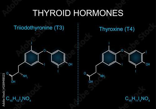Triiodothyronine T3 molecule. Skeletal chemical formula of Thyroxine T4