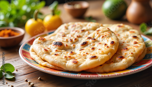 Freshly baked naan on colorful plate with herbs, culinary tradition