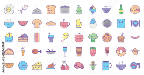 Set of kawaii food vector icons with white background