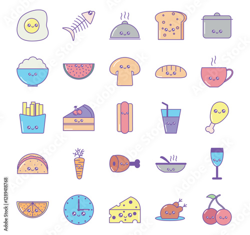 Set of kawaii food vector icons with white background