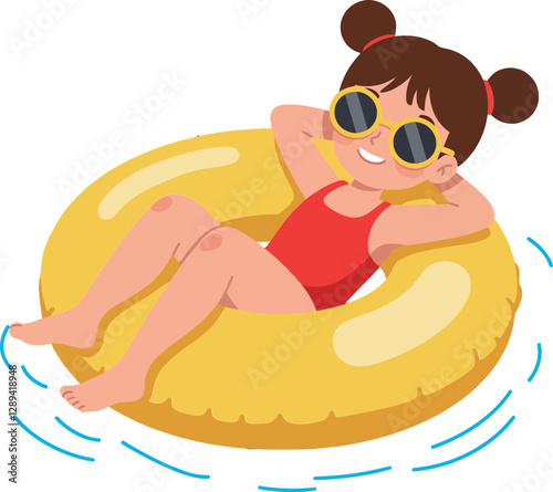 Cheerful girl relaxing in a yellow inflatable inner tube while floating in water, flat vector illustration