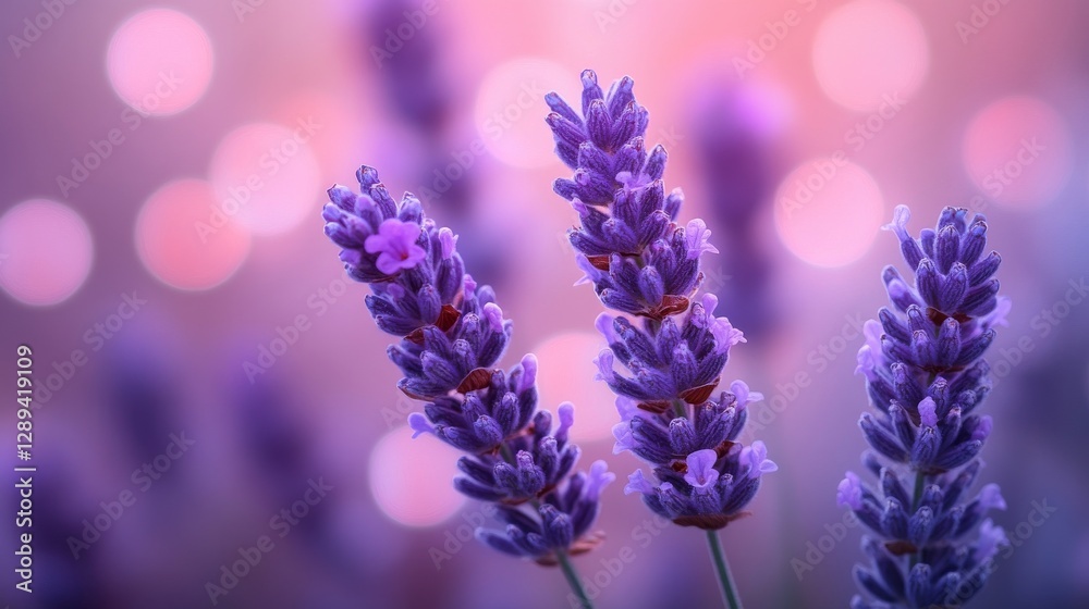 Close up view of lavender flower blossoms in soft focus